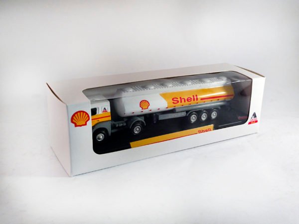 Miniatura de caminhão com combustível 3 eixos juntos, cavalo mecânico MB Actross 4×2 de resina em escala 1:87 e personalização Shell.