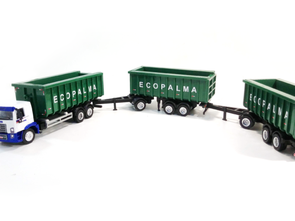 Miniatura treminhão personalizado, fabricação nacional, Caçamba sem lona, cavalo mecânico VW Constellation, personalização Ecopalma em escala 1:50.